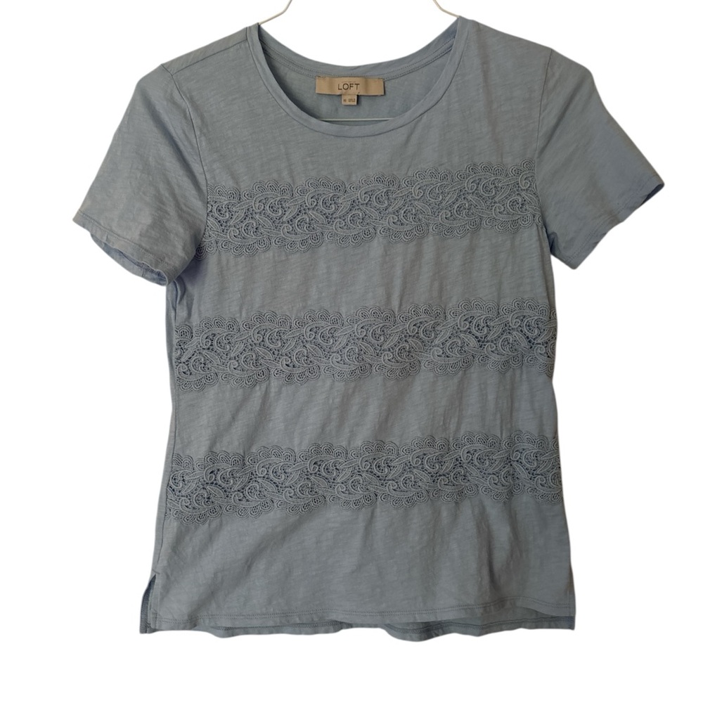 LOFT Blue Short Sleeve Tee with Embroidered Detail